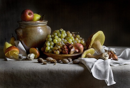 Still life with grapes and mushrooms