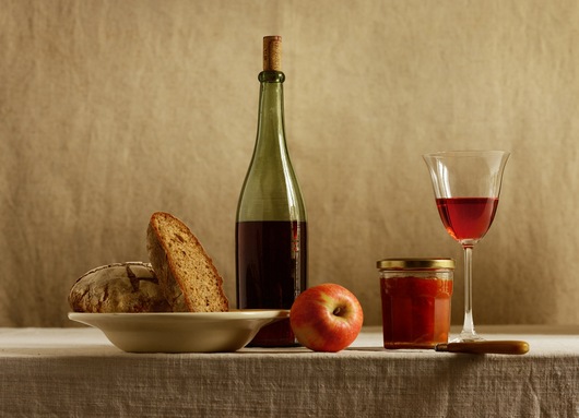 Still life with wine and bread