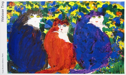 Three Cats with Blue Flowers