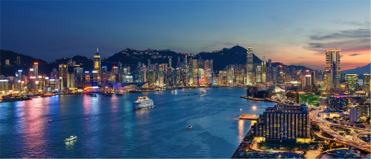 Night time view over Hong Kong Island & Tsim Sha Tsui from Harbourfront Landmark