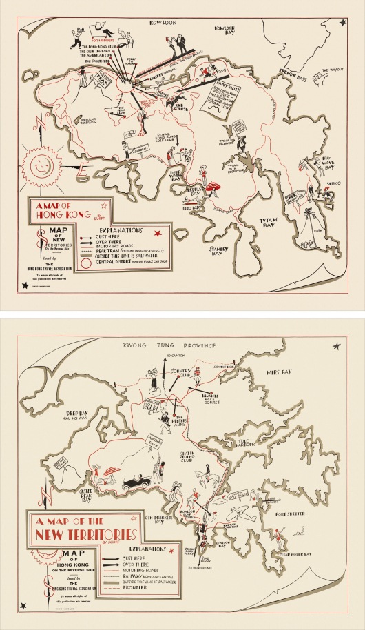 Pair of Maps of Hong Kong and the New Territories by Friedrich Schiff (Reproduction)