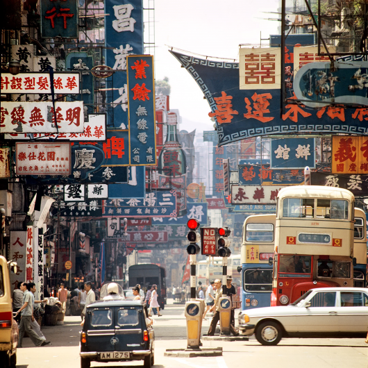 Shanghai Street, Mongkok, with Neon Signs and Buses