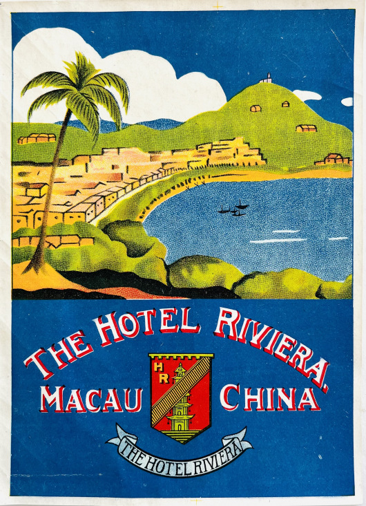 Original Vintage Luggage Label - The Hotel Riviera, Macau, China