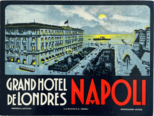 Original Vintage Luggage Label - Grand Hotel De Londres, Napoli