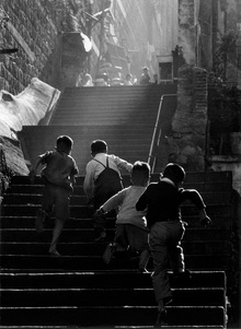 Running up the steps on Ship Street