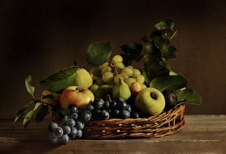 Still life with grapes, apples, figs and prunes