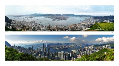 Panoramic view of Hong Kong from Pollock's Path on the Peak 1970 & 2015